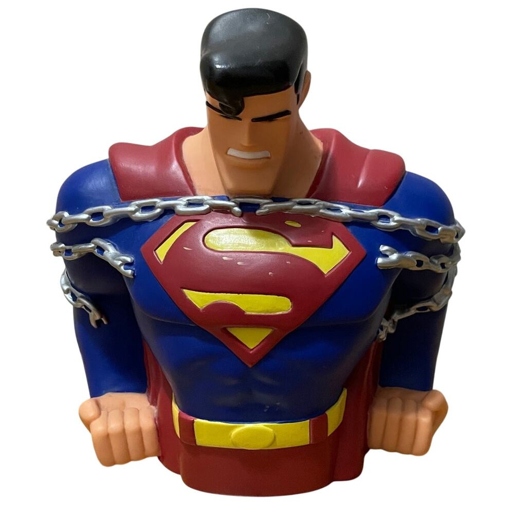 Vtg DC Comics Superman Animated Series Chains Warner Store Coin Bank Bust w/ Cap